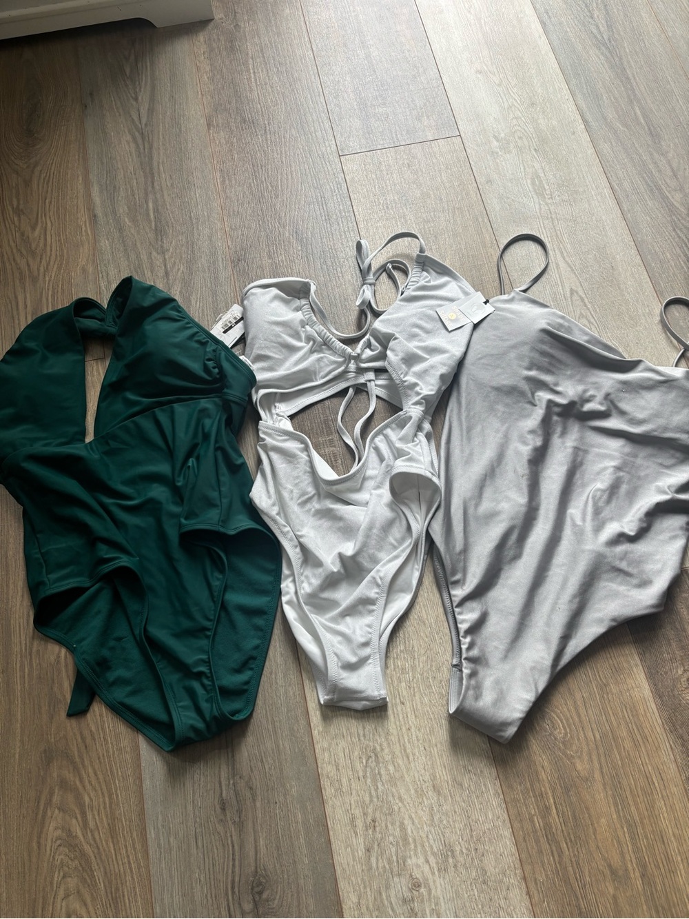 Shade & Shore One-Piece Swimsuits in Emerald Green and Light Gray